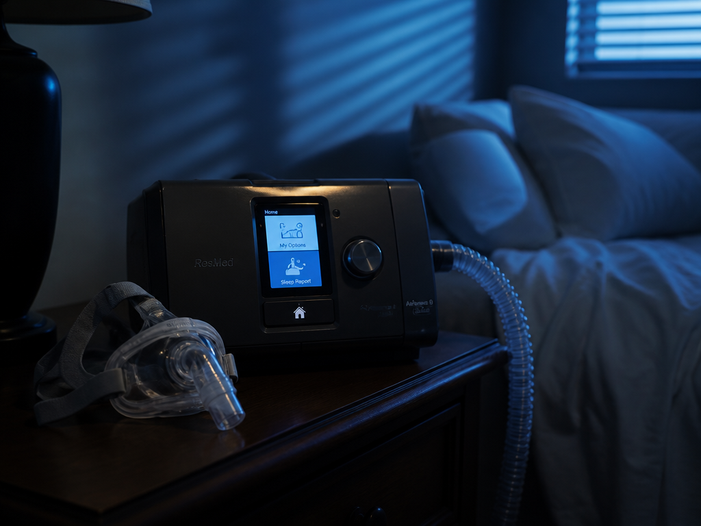 A photorealistic documentary photograph of a modern CPAP machine sitting on a wooden nightstand…