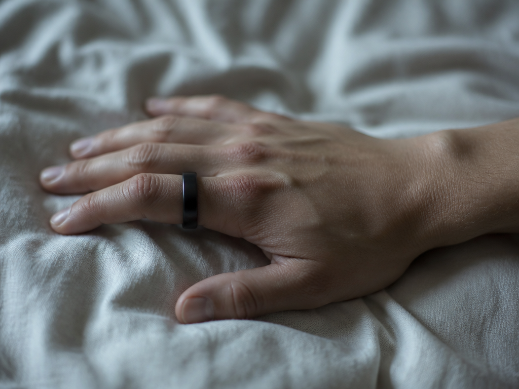 A photorealistic overhead close-up of a bare human hand resting palm-down and completely empty…