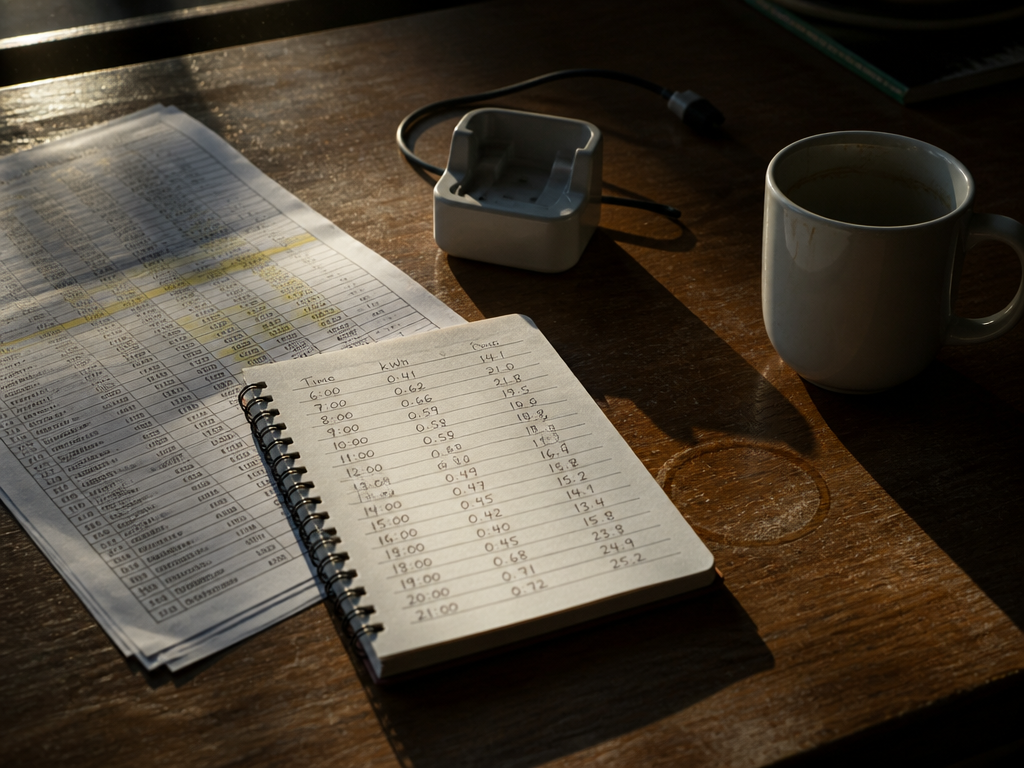 A photorealistic still life on a scuffed walnut desk lit by hard late-afternoon window…