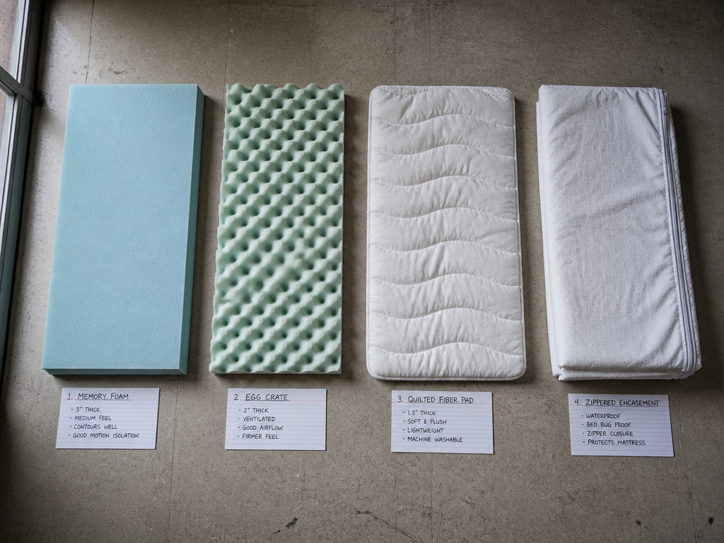 Overhead flat-lay on a scuffed dormitory floor of four different mattress toppers laid out…