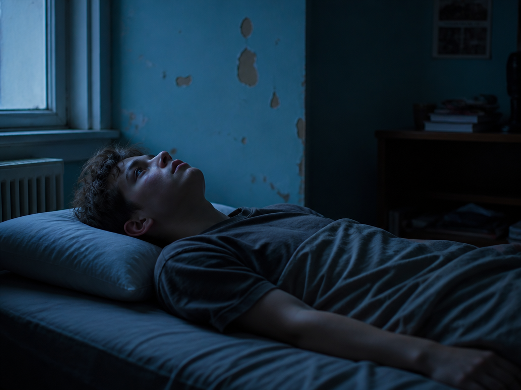 A young person lying awake on their back on a thin dorm mattress at…