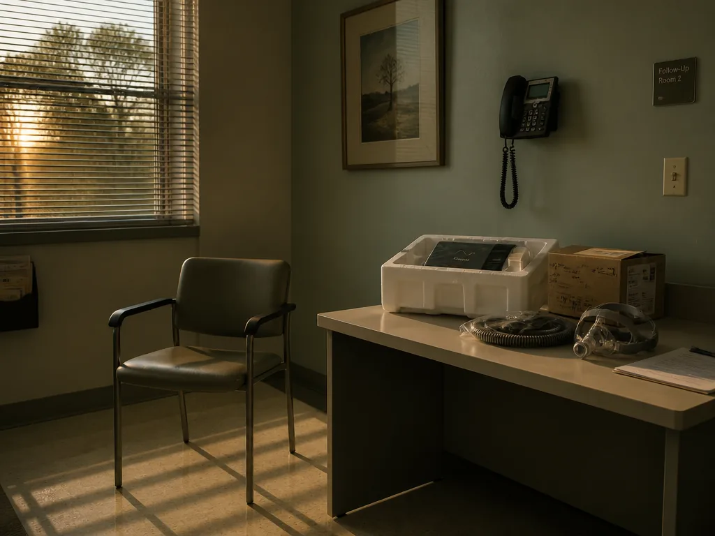 A photorealistic wide shot of an empty clinic follow-up room at dusk: a single…