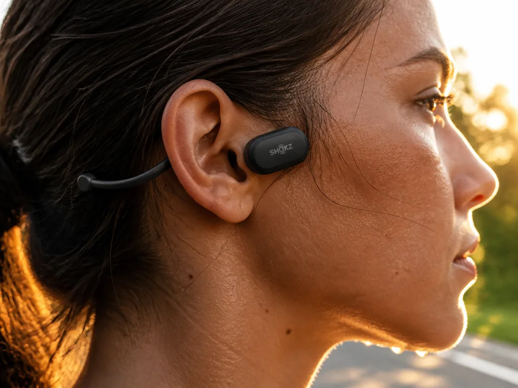 A close-up profile portrait of an ear at golden-hour sunrise, a bone conduction headphone…