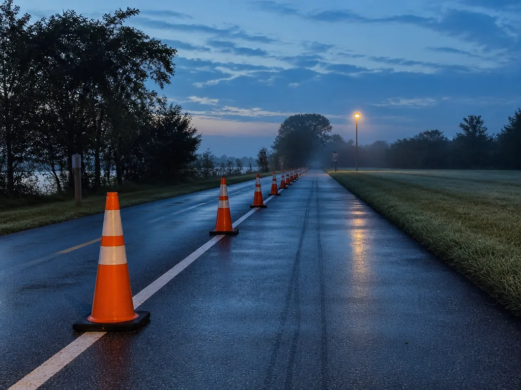 An empty straight stretch of greenway at 5:50 a.m., orange traffic cones placed at…