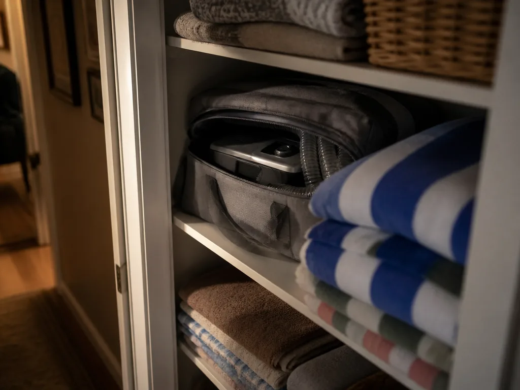 A photorealistic still-life photograph looking into an open hallway linen closet at night, shot…