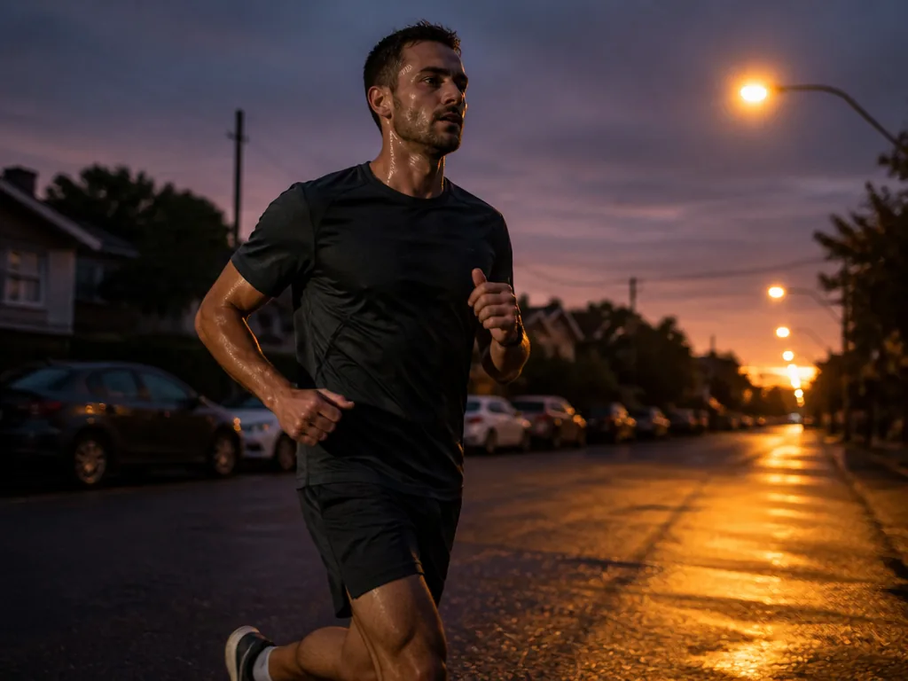 A lone runner in a dark technical tee and shorts moving through a quiet…