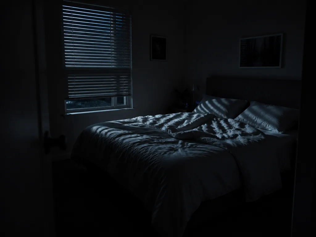 A darkened bedroom at 11 p.m. photographed from the doorway with a 24mm lens…