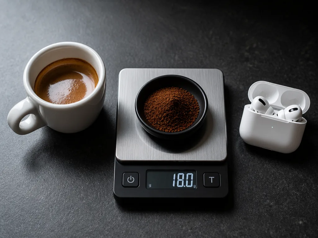 A tight overhead still life on a matte charcoal kitchen counter photographed with a…