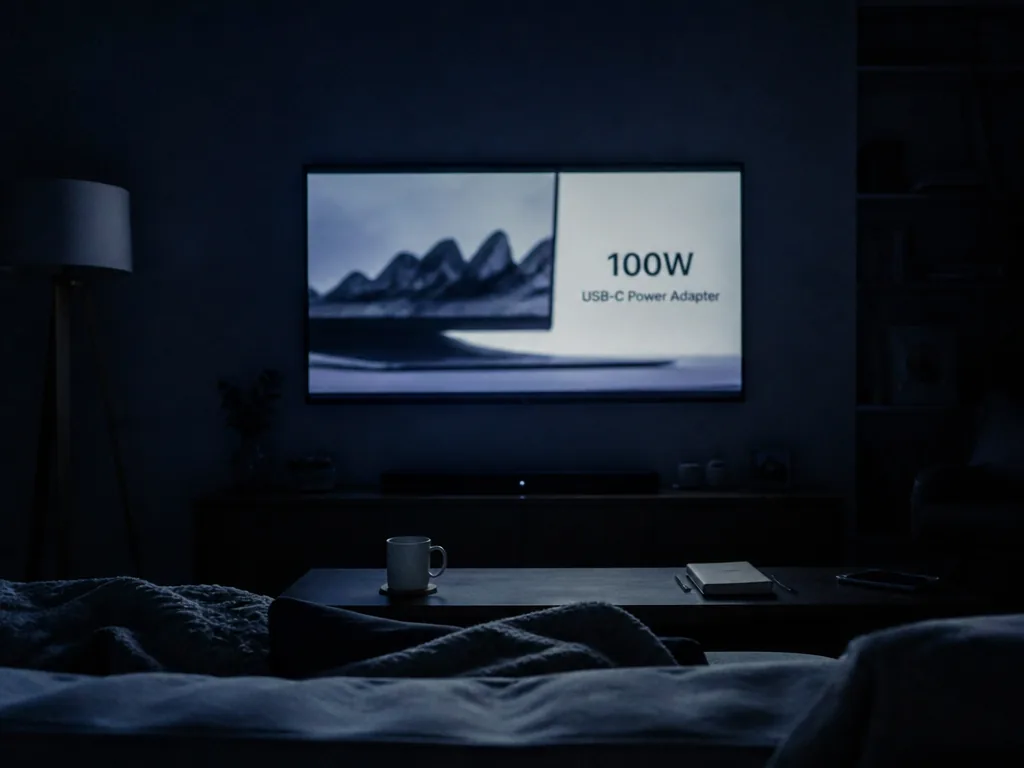 A dark living room at midnight, lit only by the cold blue-white glow of…