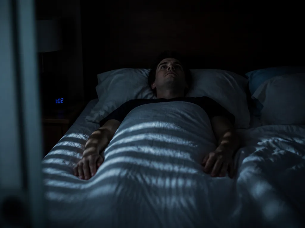 A bedroom photographed from the doorway at 1 a.m., bedside clock glowing faintly, a…