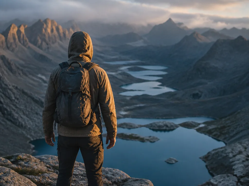 A lone hiker in a weathered hardshell jacket standing on a granite col in…