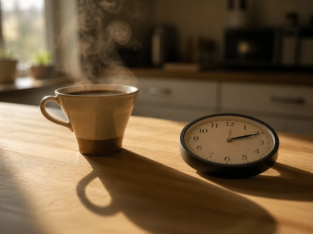A close-up photorealistic still life on a pale oak kitchen counter at late afternoon…