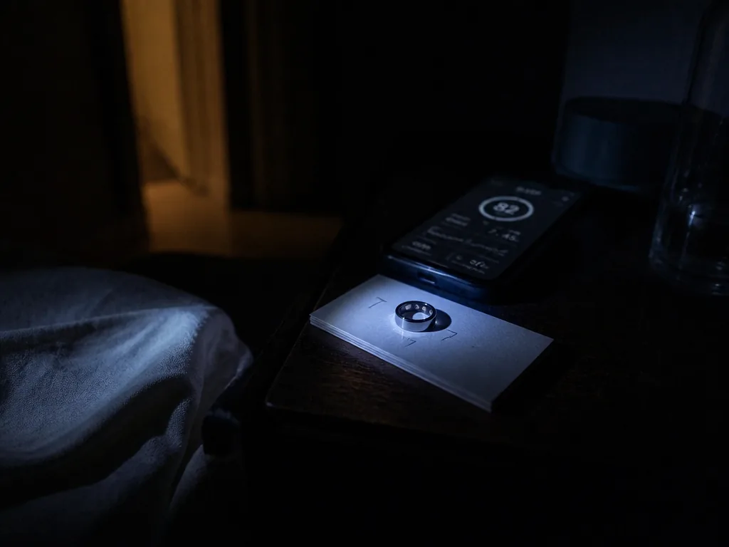 A photorealistic overhead-angled bedside scene in near-darkness, a smart ring resting on a folded…