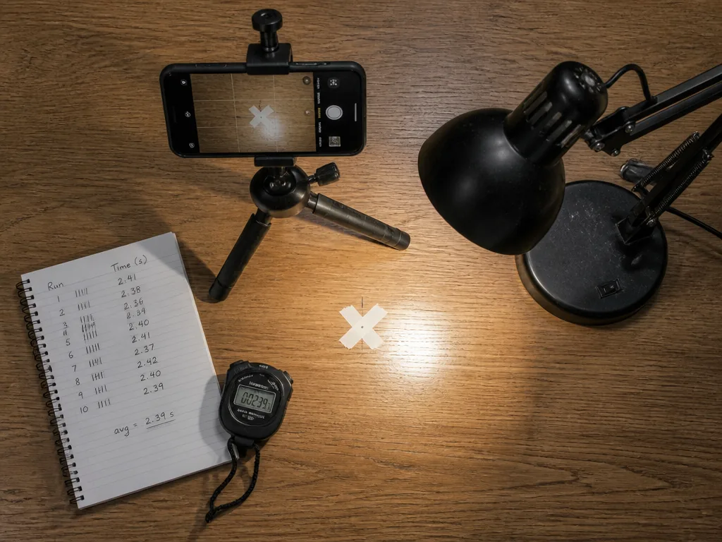 A photorealistic overhead still life of an improvised measurement rig on a plain oak…