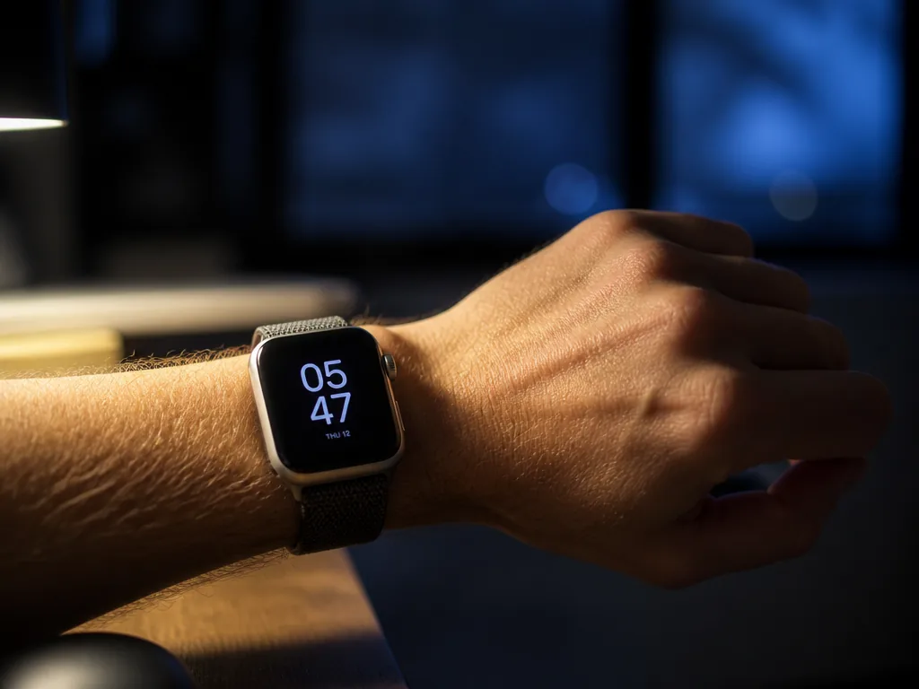 A tight macro photograph of a person's bare left wrist raised at desk height…