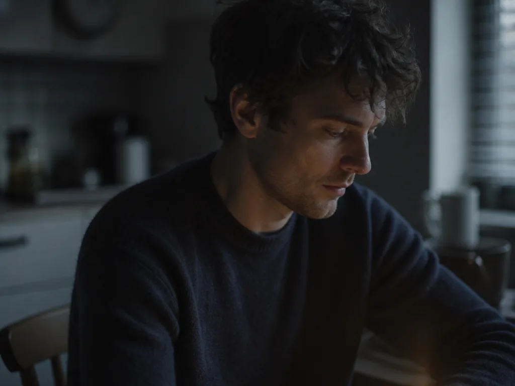 An intimate side-lit portrait of a person seated at a kitchen table early in…