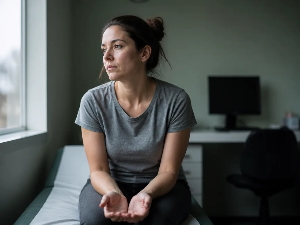 A woman in her early thirties in a plain grey t-shirt sitting on the…