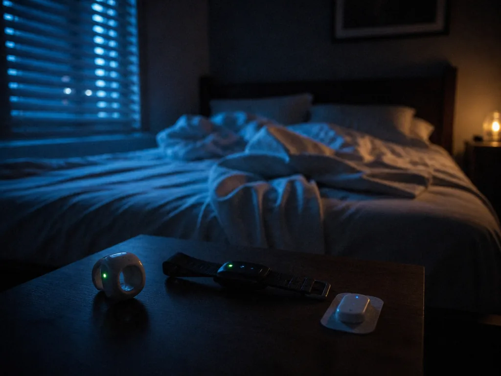 A dim bedroom photographed at 3 a.m. from the foot of the bed, empty…