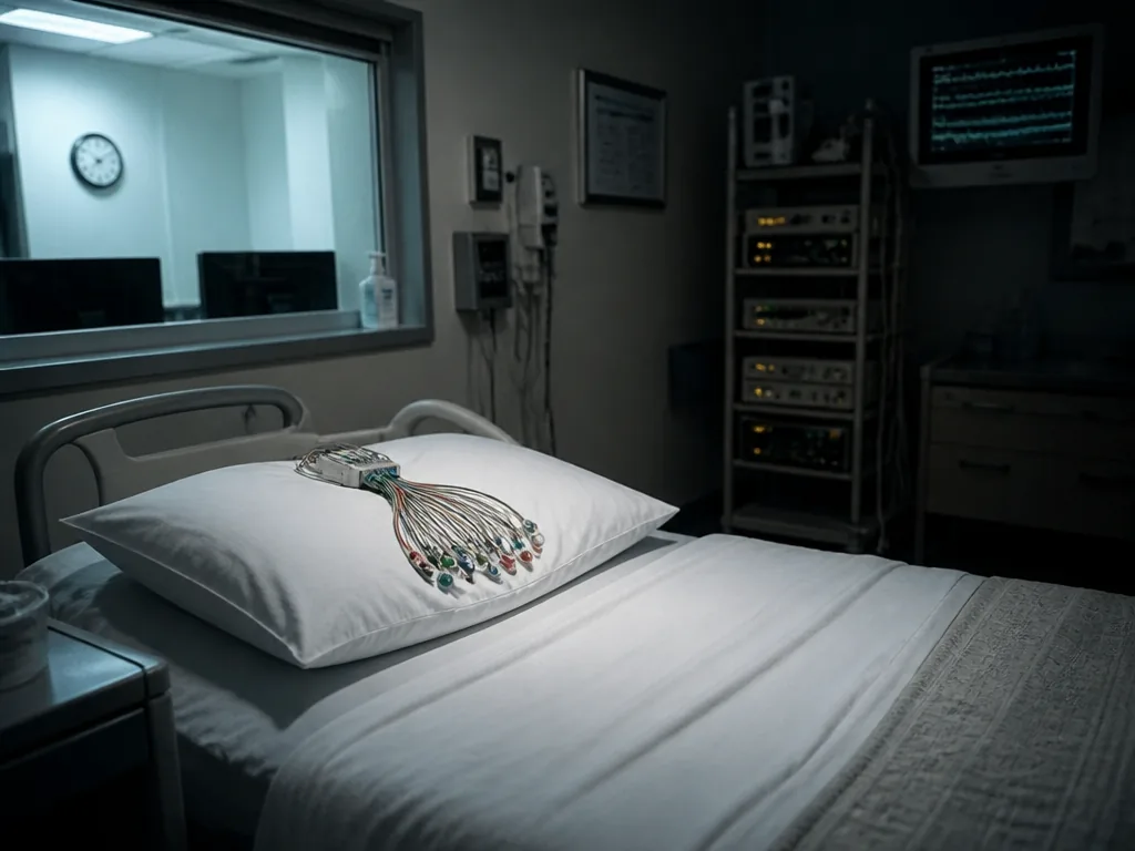 A photorealistic wide interior photograph of a clinical sleep laboratory at night, an empty…