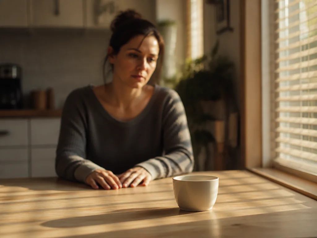 A photorealistic environmental photograph of a woman in her thirties sitting alone at a…