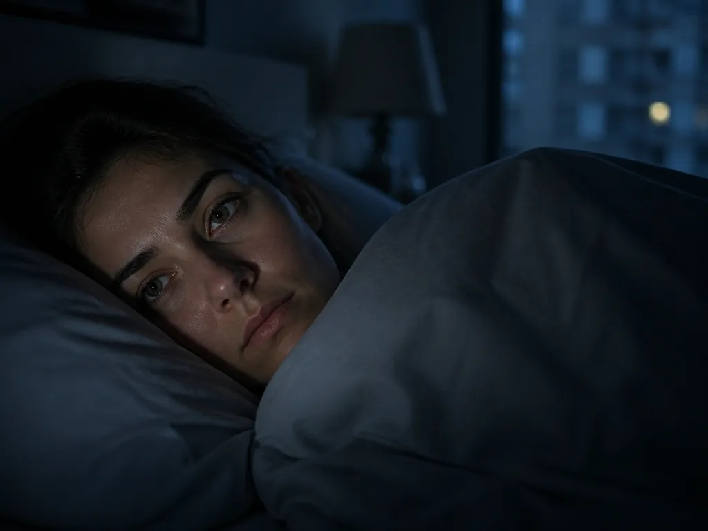 An environmental portrait of a person lying awake on their side in bed at…