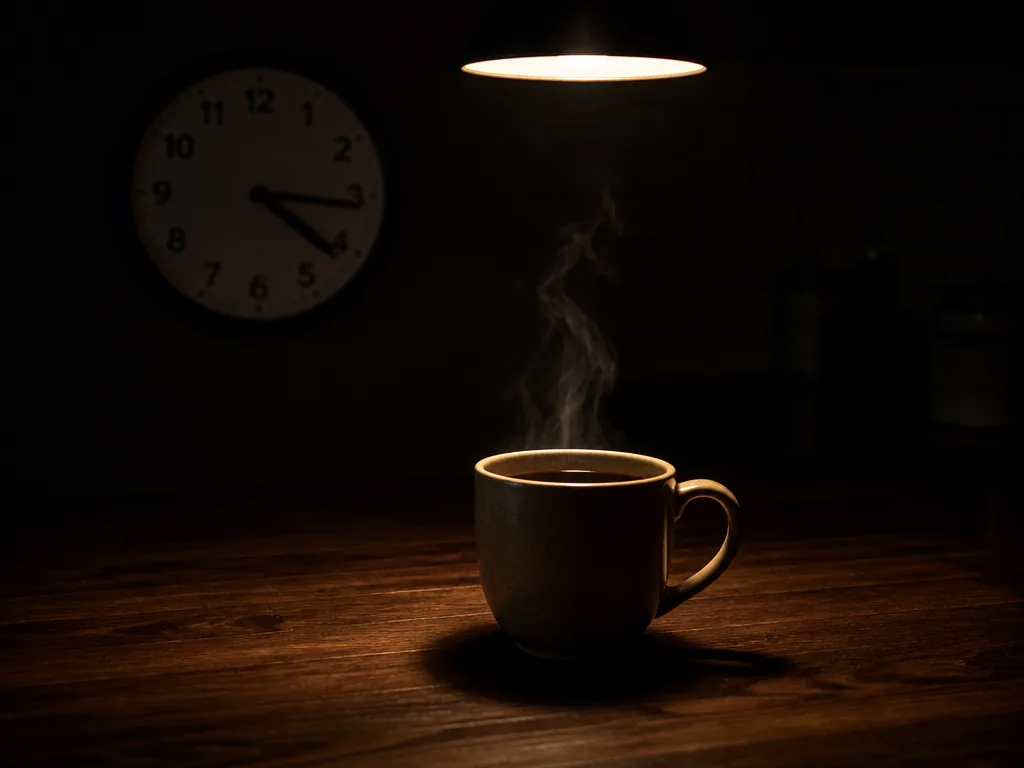 A still-life photograph on a dark walnut kitchen counter at night: a ceramic mug…