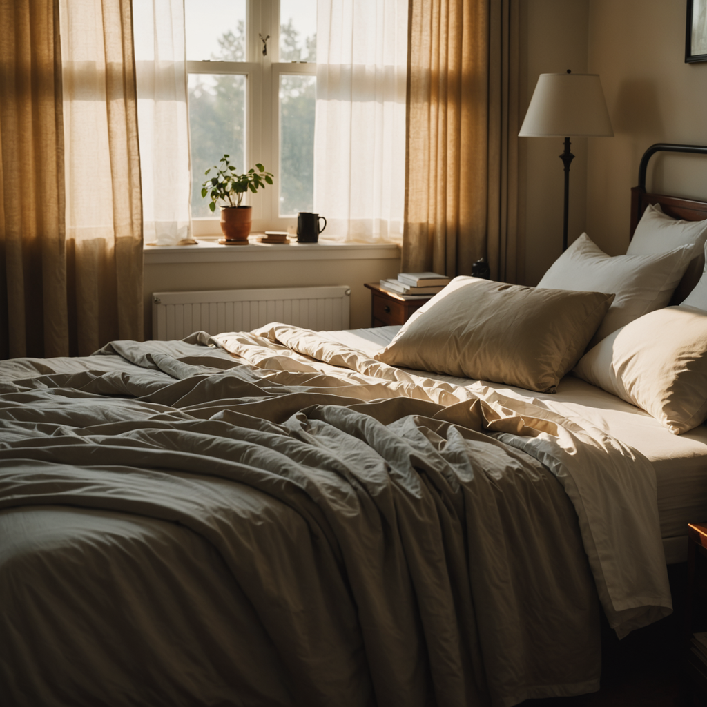 A serene early-morning bedroom scene shot on a full-frame camera with a 35mm lens…