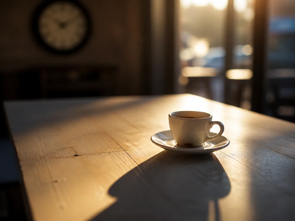 A small white espresso cup on a saucer sitting alone on a pale wooden…