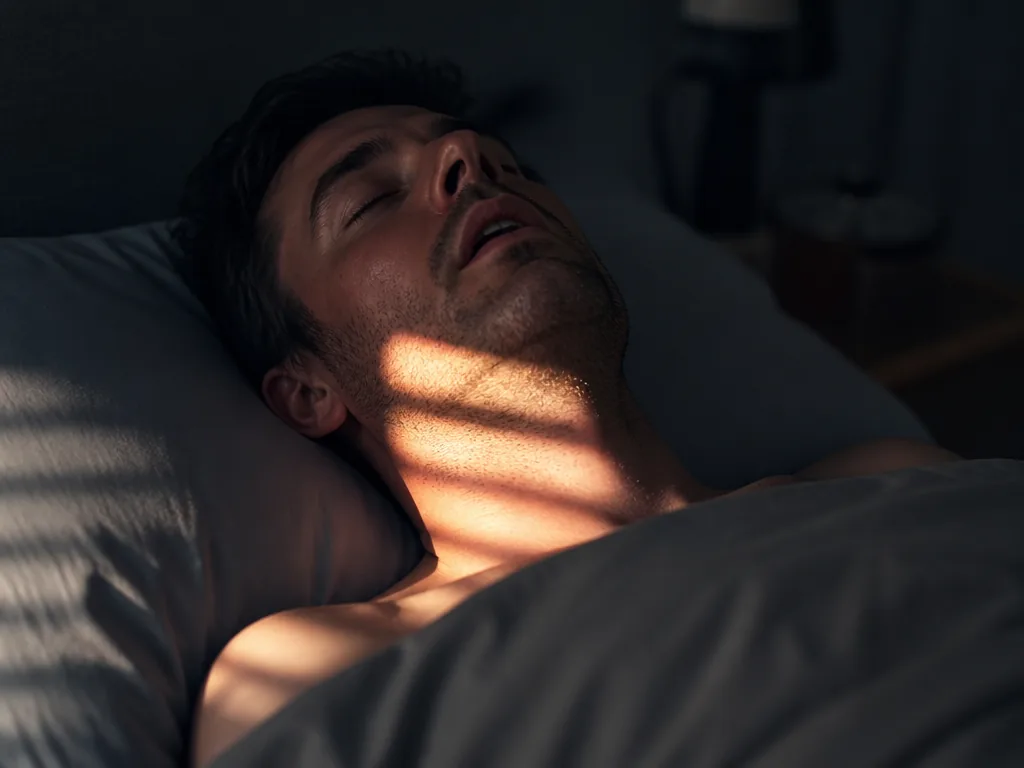 A photorealistic medium portrait of a person lying on their back asleep in bed…