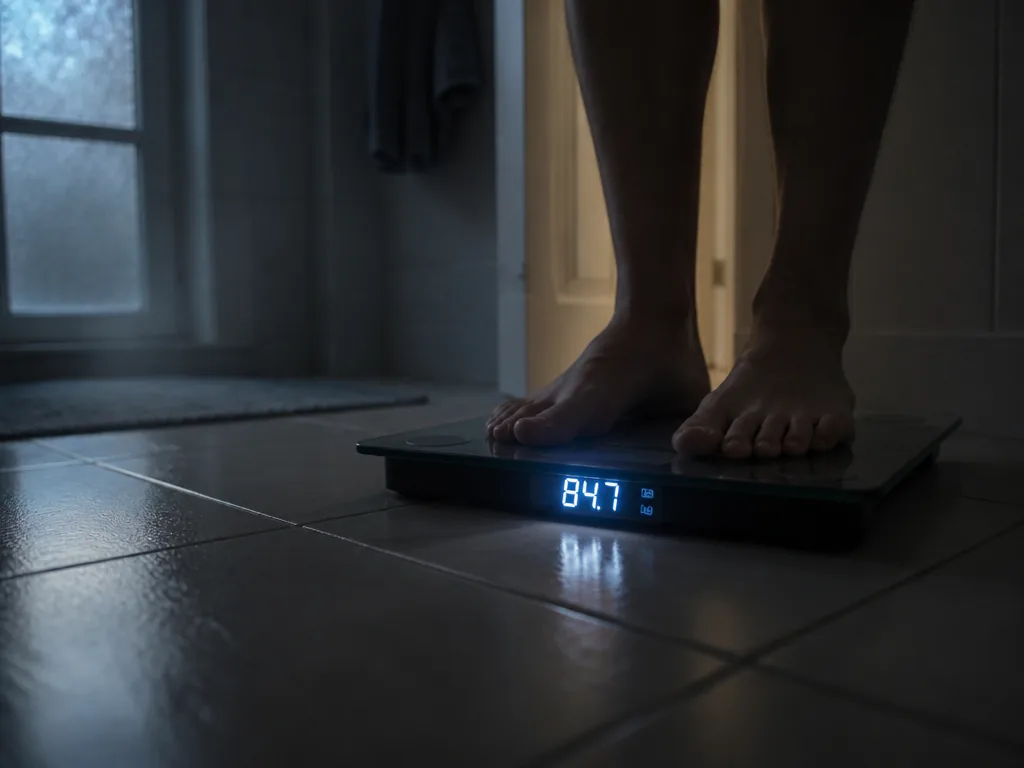 A dim residential bathroom at 6:40 in the morning, shot from a low angle…