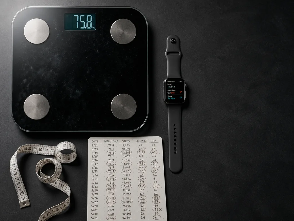 A clean overhead flat-lay on a matte charcoal surface arranging the tools of self-measurement…