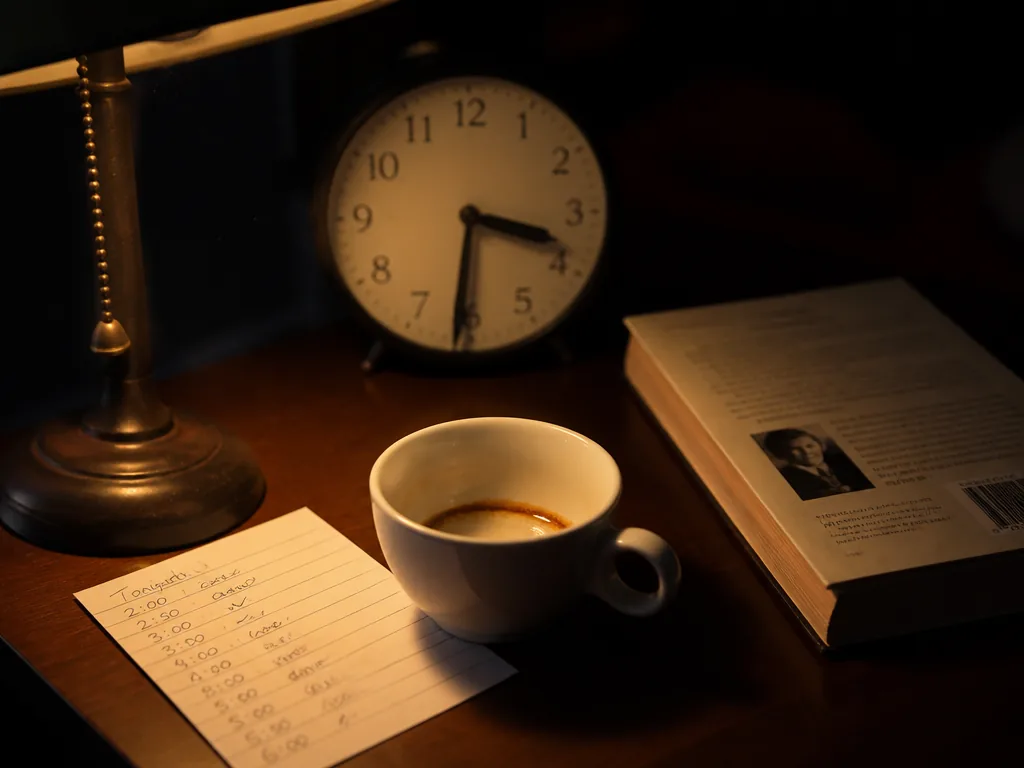 A still-life photograph on a wooden nightstand at night: a small white espresso cup…