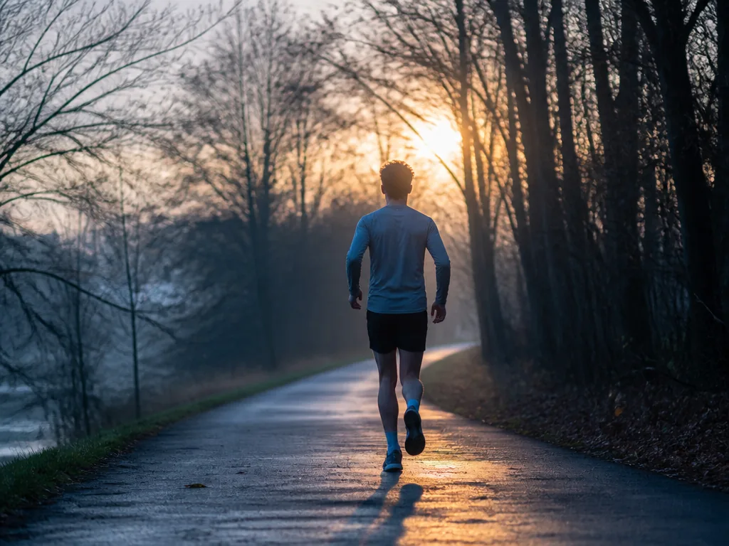 A quiet dawn running-path photograph, 85mm telephoto at f/2.5 with compressed background: a lone…