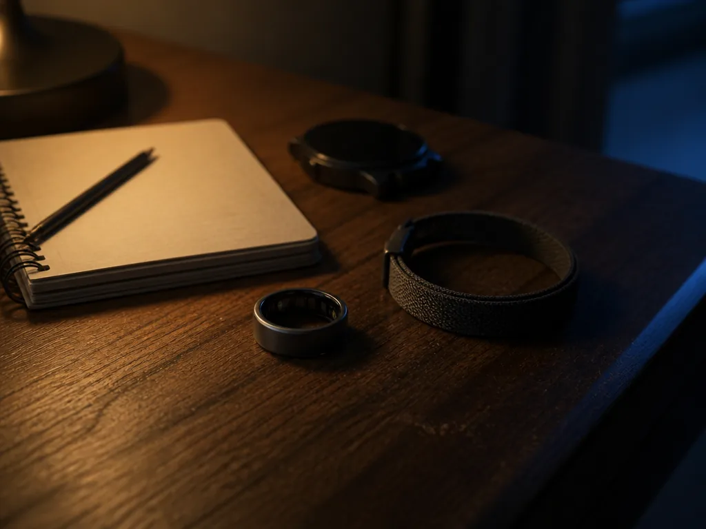 A close-up overhead photograph of a bedside nightstand at night, shot on a 50mm…