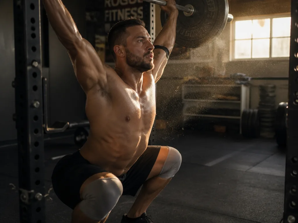 A photorealistic gym interior photograph at golden hour, 35mm lens at f/2.0, medium-wide composition…