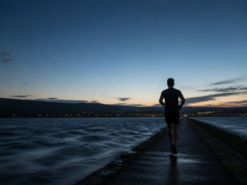 A wide environmental photograph of a solitary runner on an exposed causeway beside a…