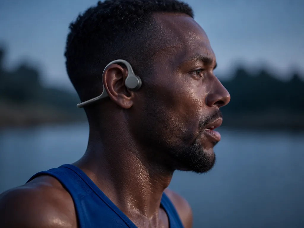 A close-up profile portrait of a long-distance runner mid-stride on an asphalt path at…