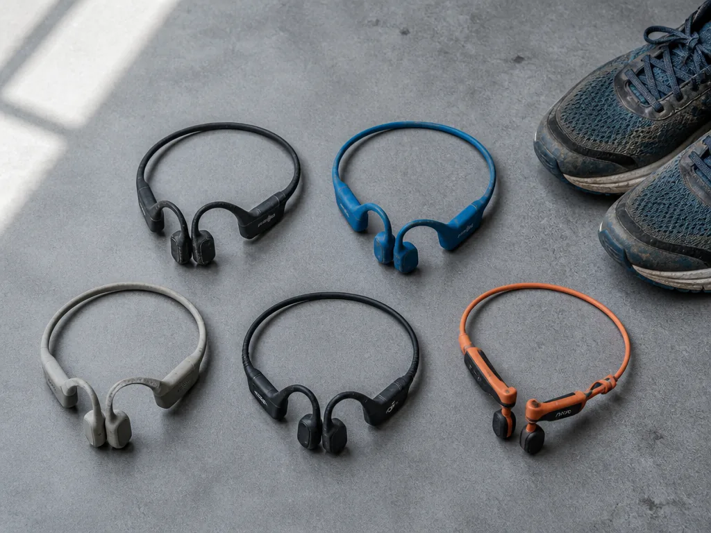 A flat-lay overhead product photograph on a slate-grey concrete surface: five sets of open-ear…