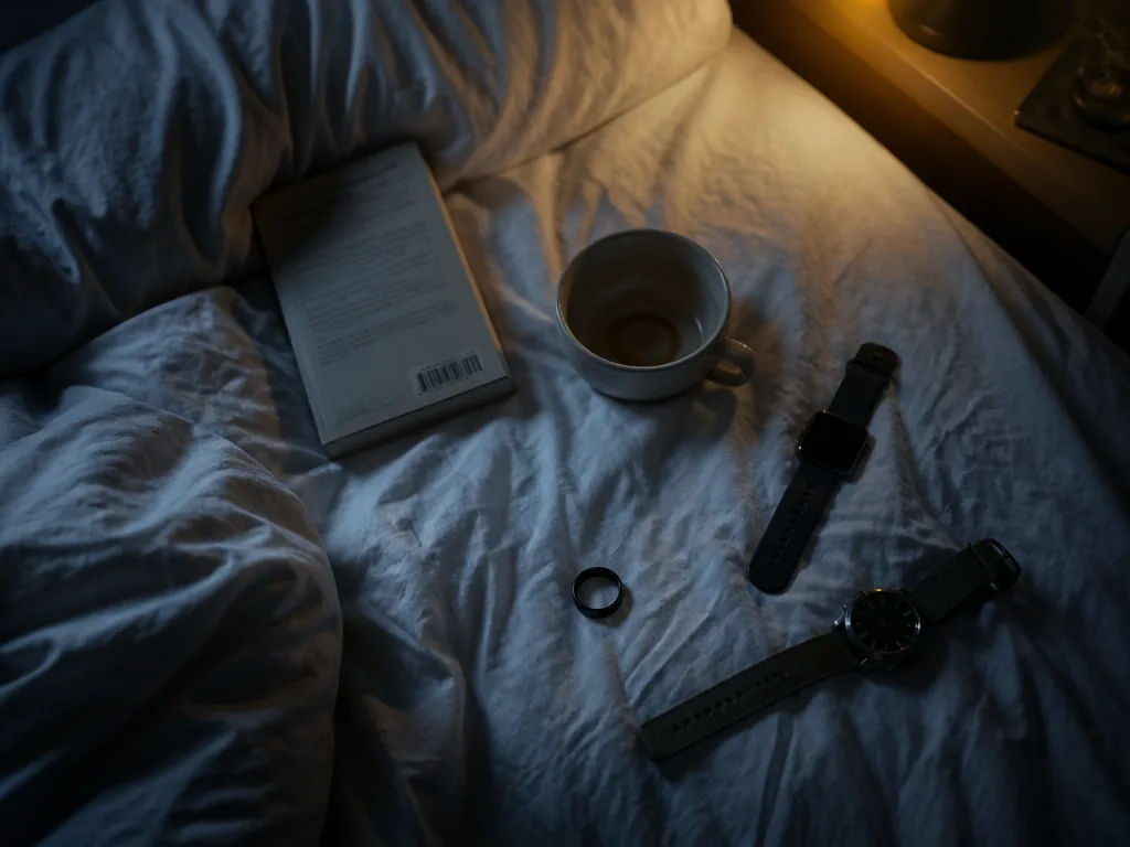 A photorealistic overhead still-life photograph of a rumpled white linen bed at 2 a.m…