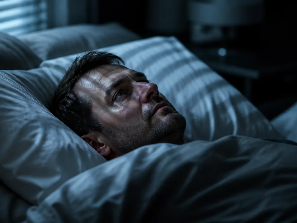 A photorealistic close-up portrait of a man in his early forties lying awake on…
