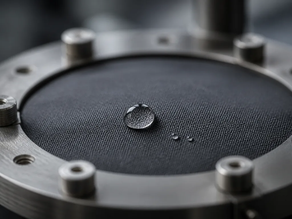 A close-up, macro photograph of a taut section of dark technical shell fabric clamped…
