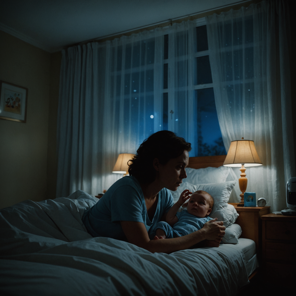 A dimly lit bedroom at 3 a.m., photographed from a low angle beside the…