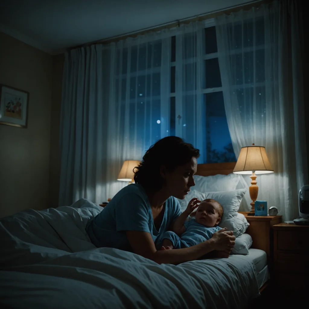 A dimly lit bedroom at 3 a.m., photographed from a low angle beside the…