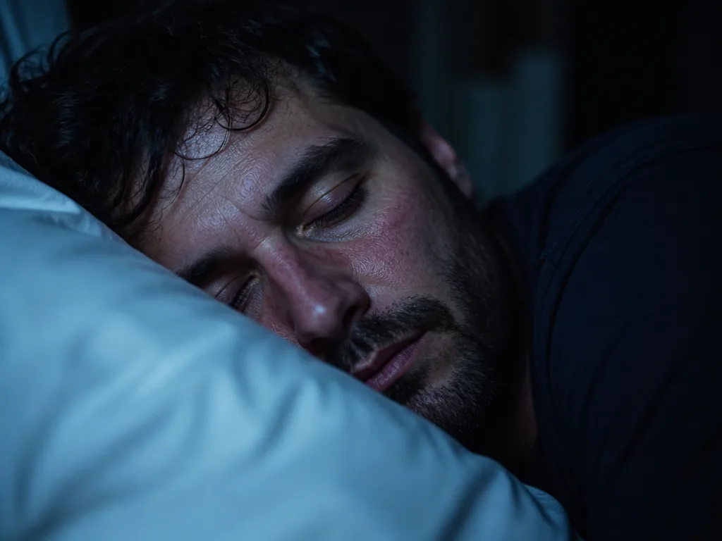 A close-up photorealistic portrait of a person asleep on their left side against a…