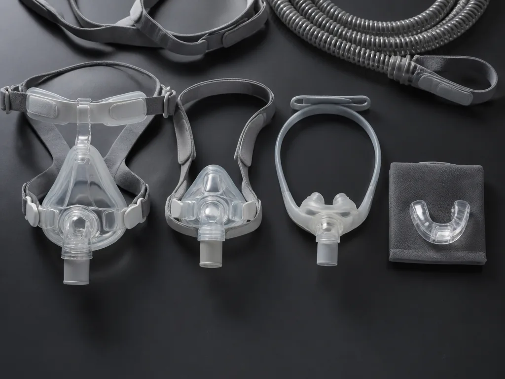 A photorealistic overhead flat-lay on a matte charcoal surface of four different CPAP interfaces…