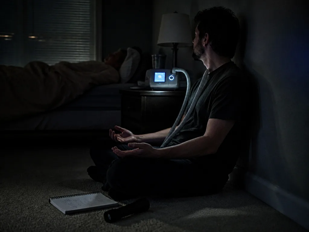 A dimly lit bedroom at 3 a.m., photographed from floor level: an adult child…