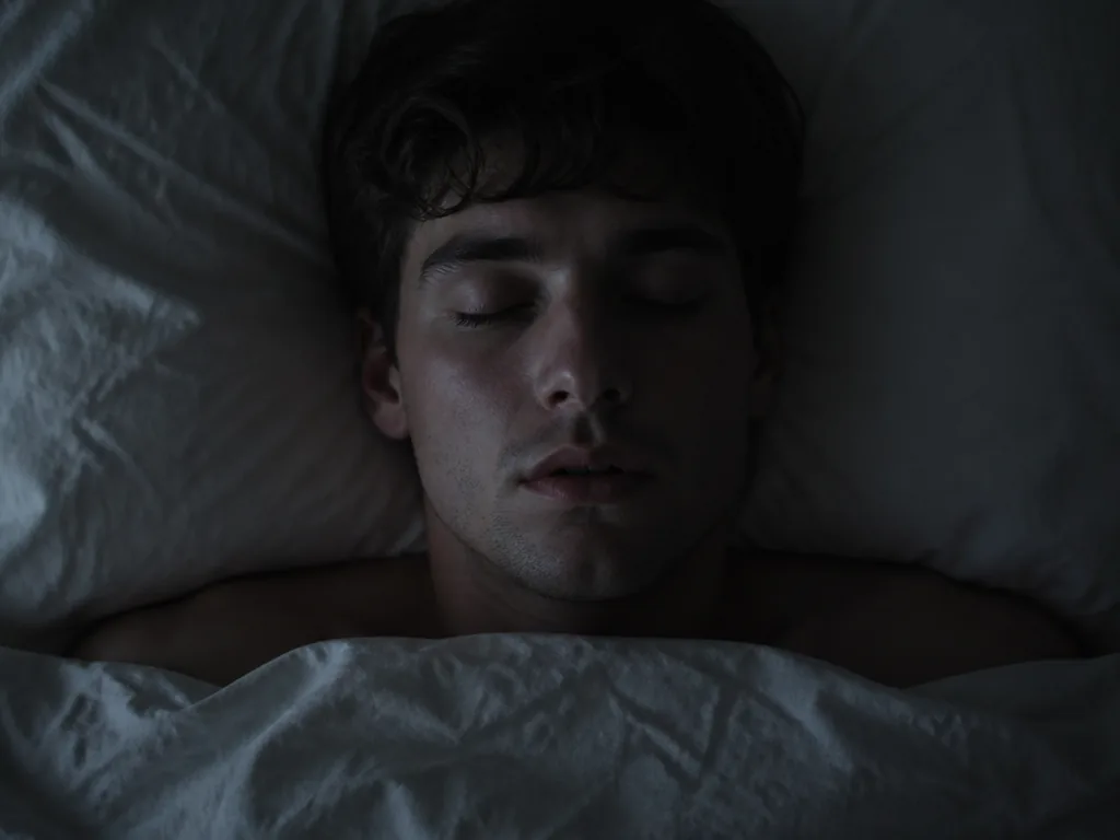 A photorealistic close-up portrait of a person lying on their back in bed in…