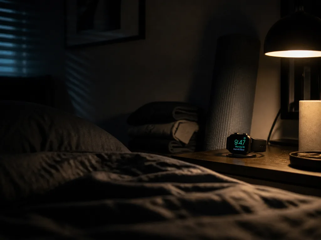 Photorealistic editorial photograph of a dim bedroom at 9:47 p.m., shot from a low…