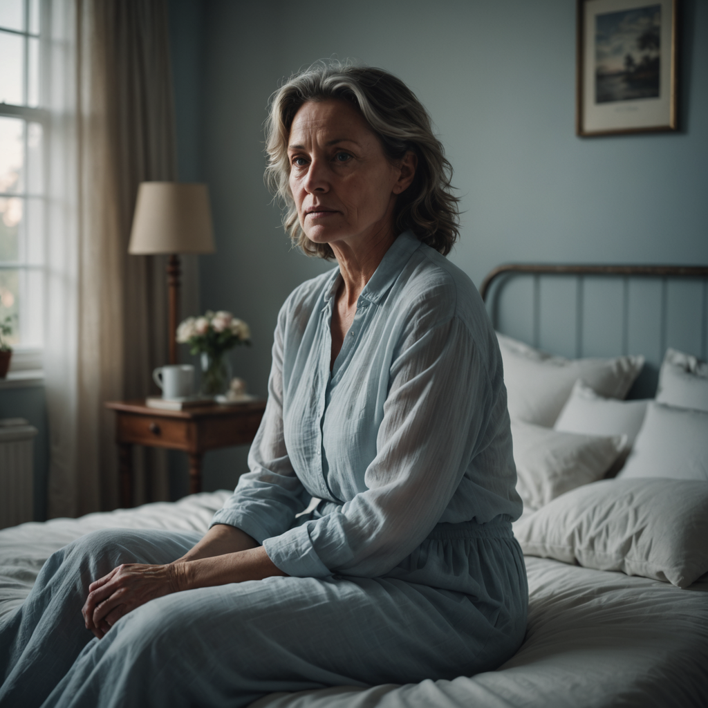 A woman in her early fifties sitting on the edge of an unmade bed…