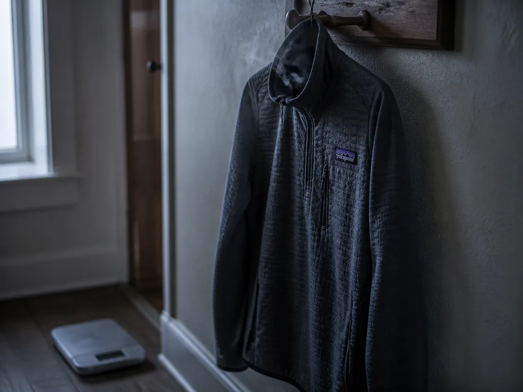 A close-up documentary photograph of a lightweight grid-fleece midlayer hanging from a wooden coat…